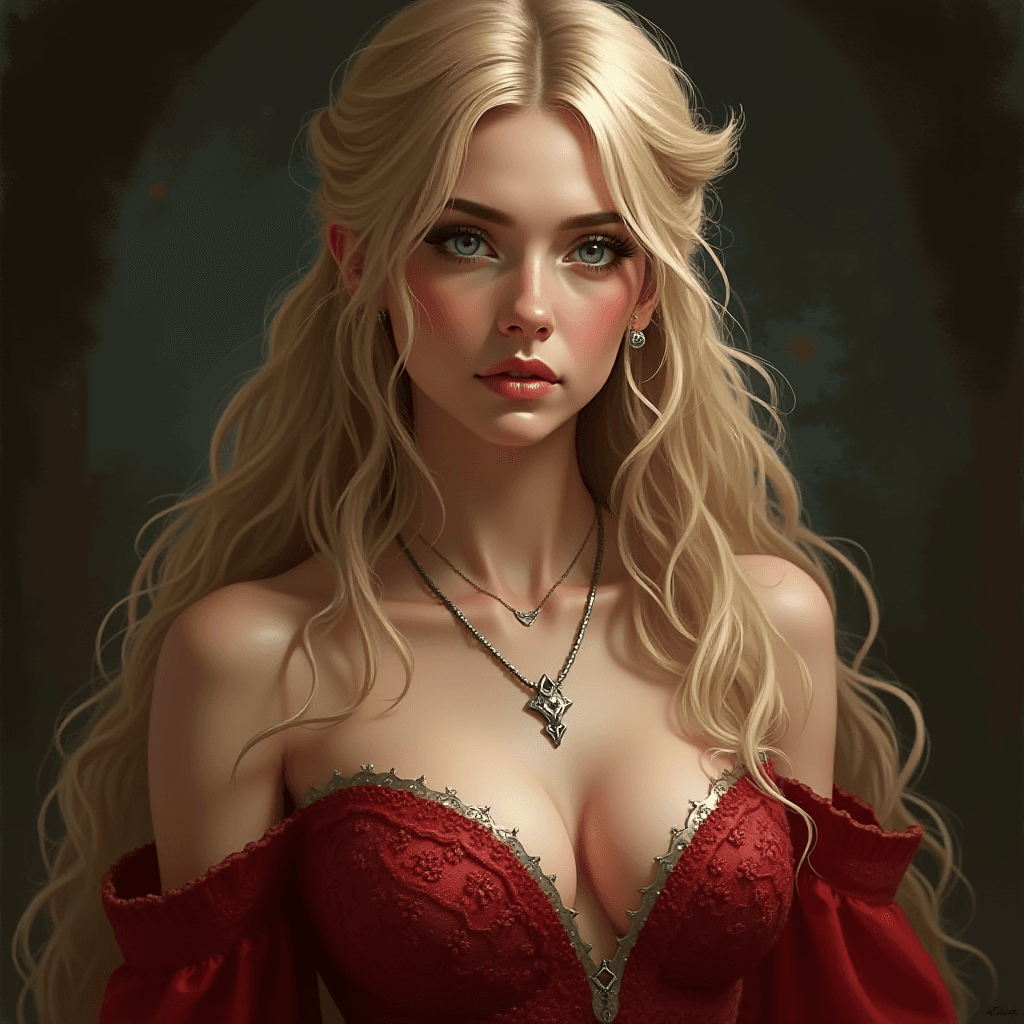 Fantasy Portrait of Blond Women in Red Dress