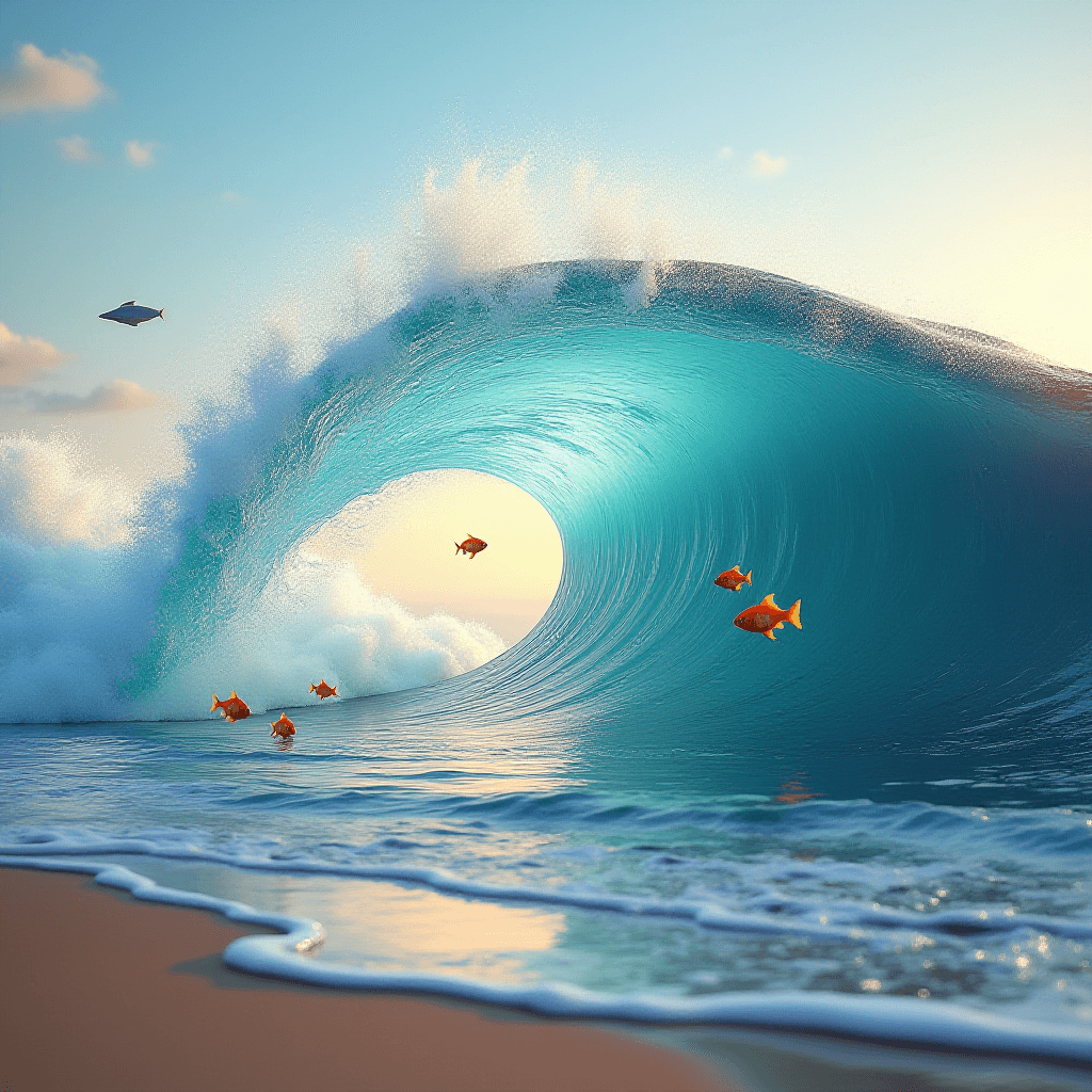 Frozen Wave and Sunset Beach Scene