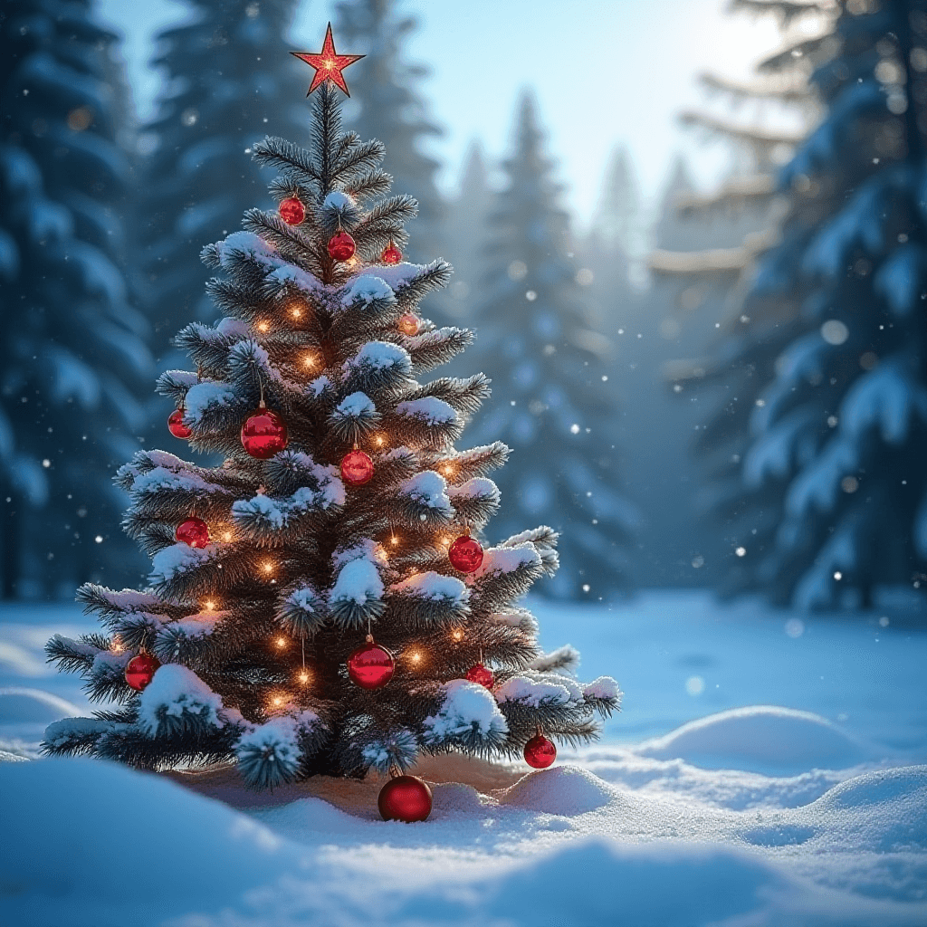 Christmas Pine Tree in Snowy Landscape