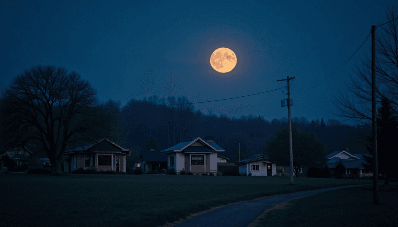 Evening Village Scene Under Full Moon