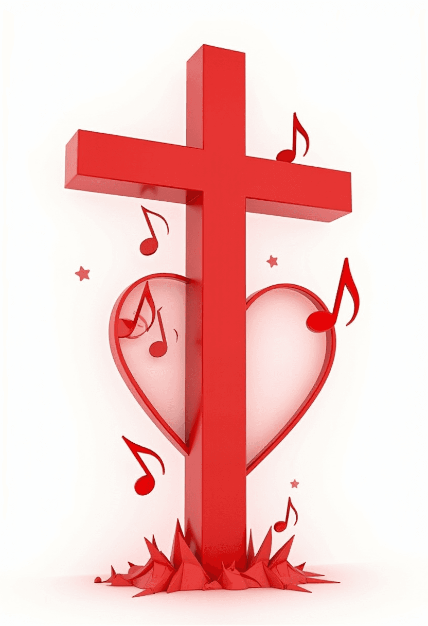 Christian Cross Surrounded by Musical Notes and Heart