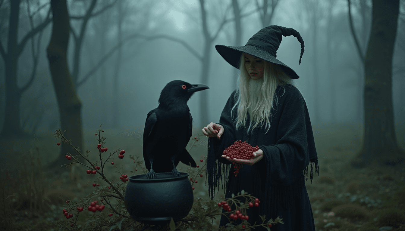 Witch amidst Gloomy Forest Scene