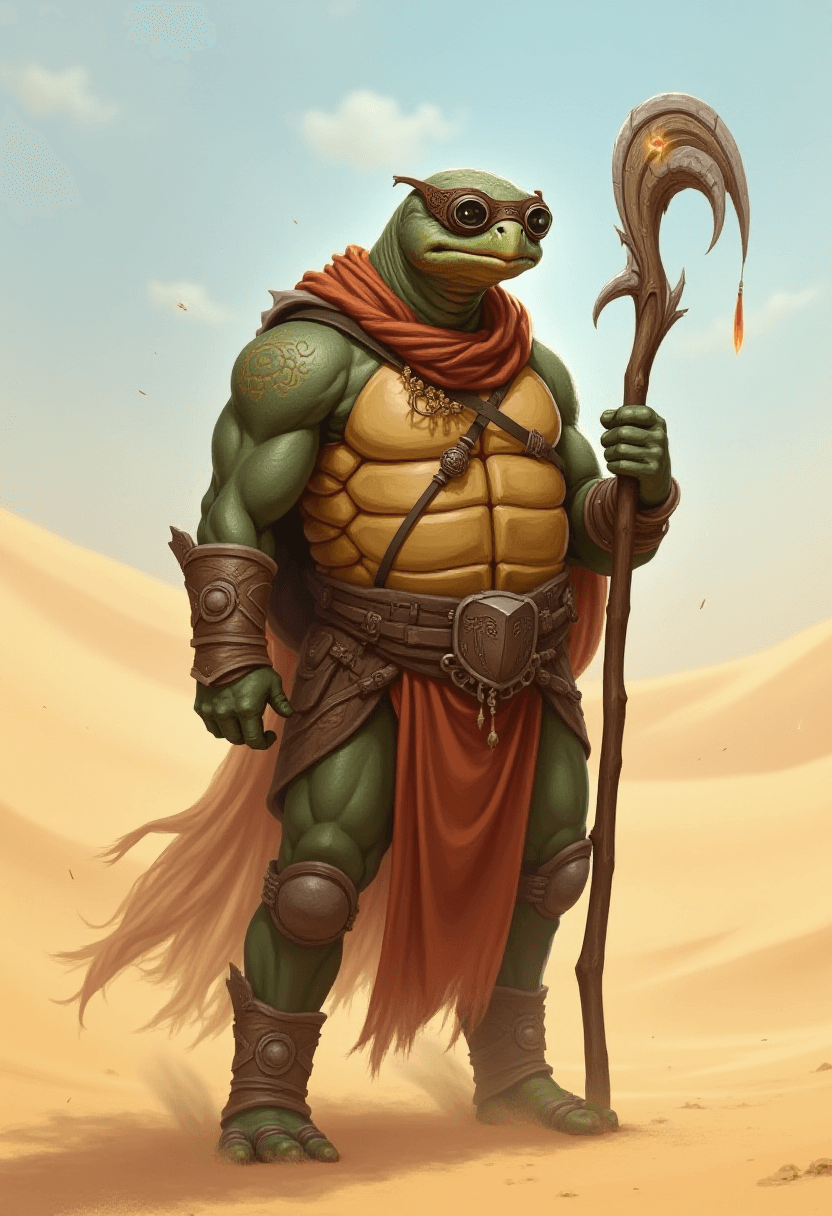 Turtle Humanoid Druid in Desert Setting