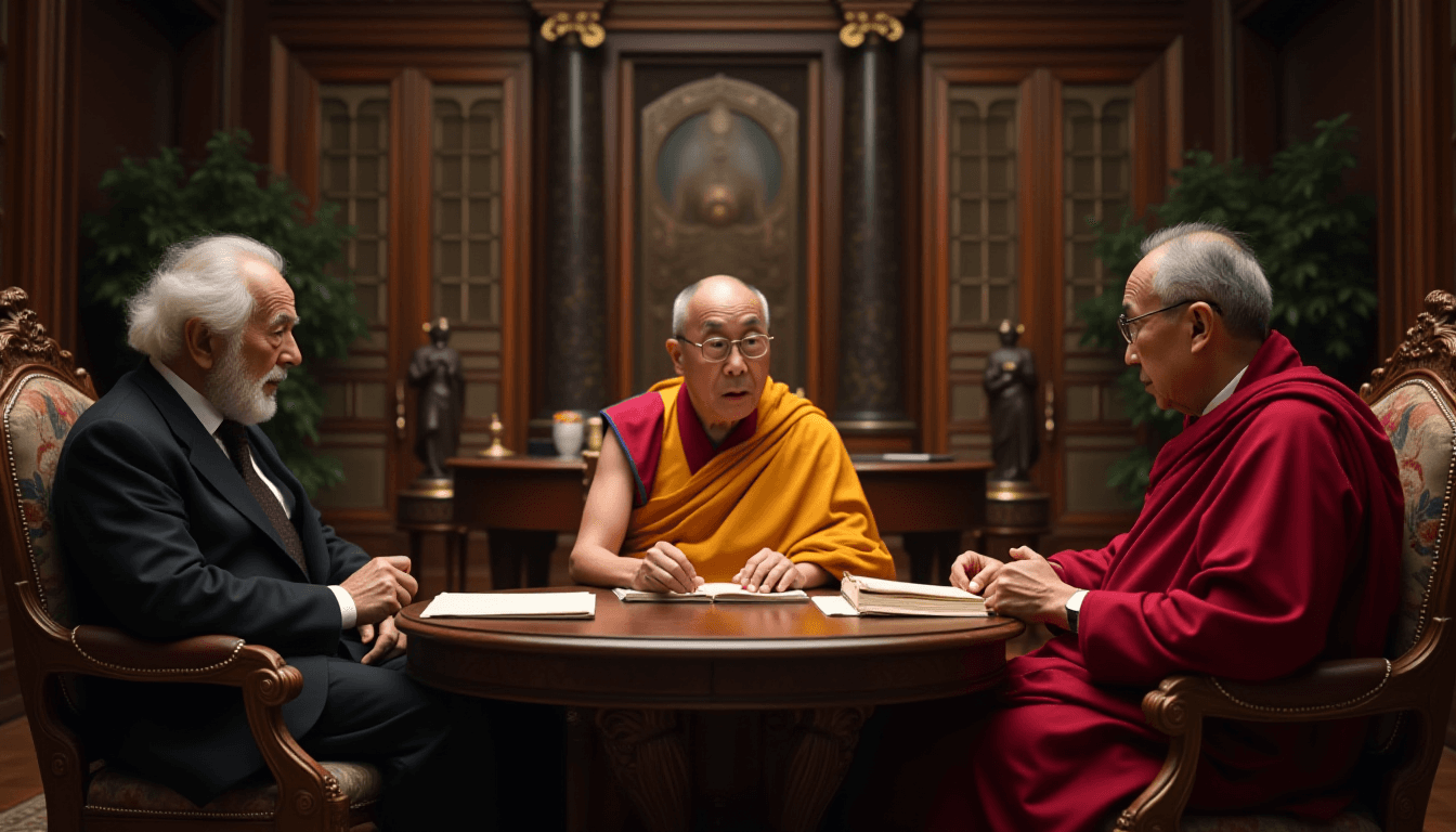 Sigmund Freud, Carl Jung, and Dalai Lama in Elegant Study