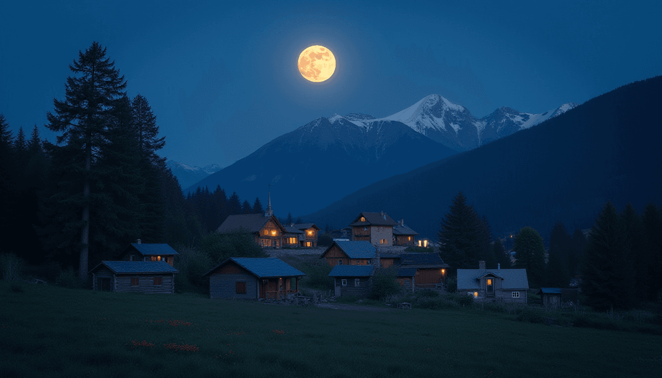 Evening Village Scene Under Full Moon