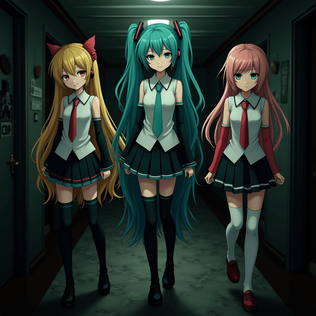 Kagamine Len, Rin, and Hatsune Miku in a Horror Mansion