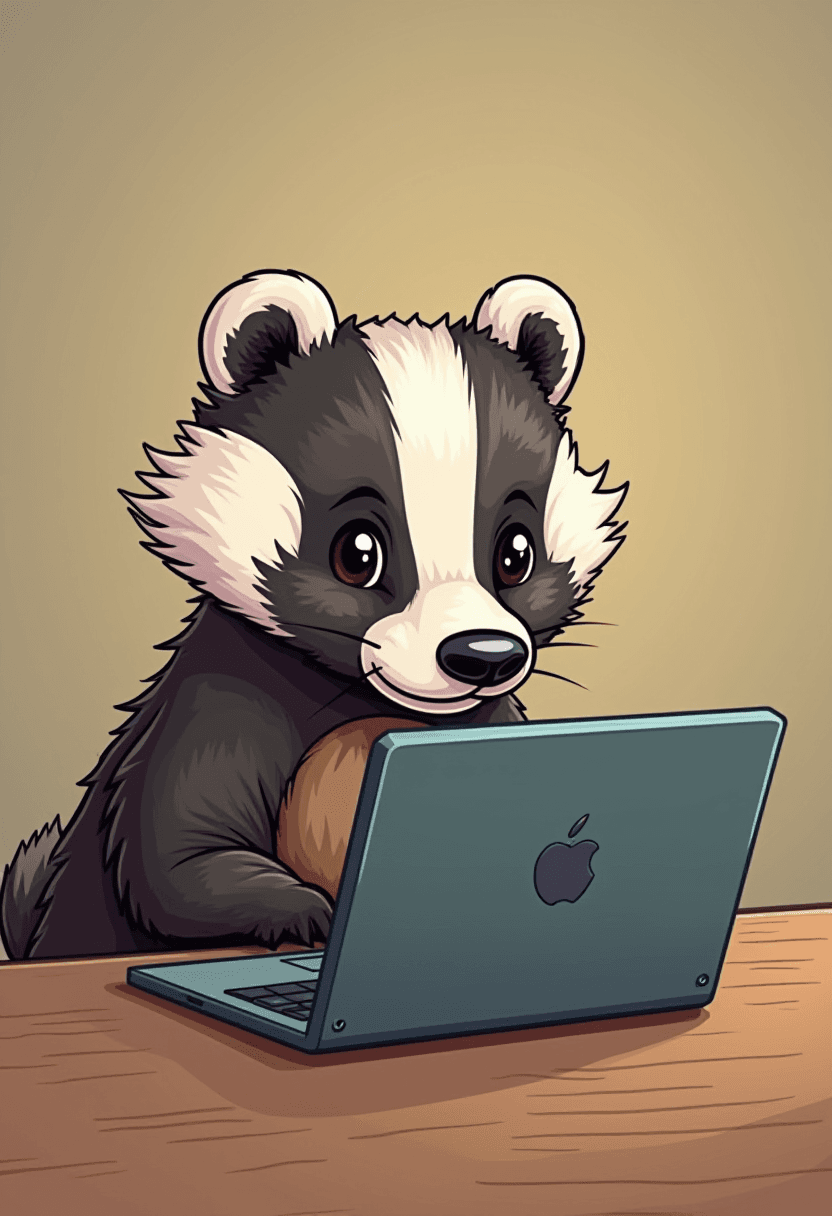 Badger Works on Laptop Cartoon Style