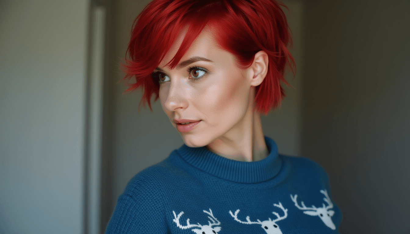 Woman with Short Red Hair and Deer-Themed Sweater