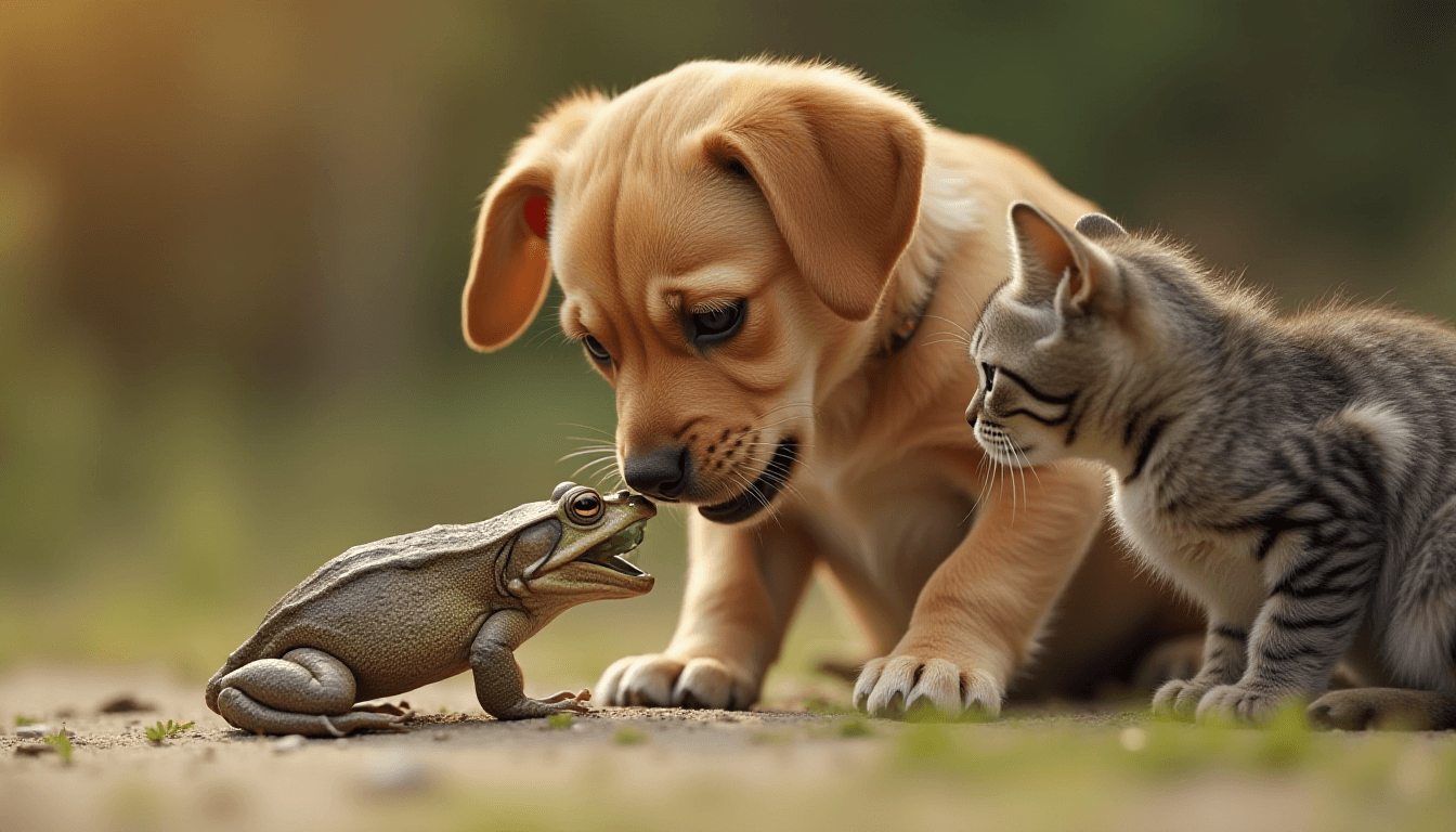 Dog Eating a Frog in Front of a Cat