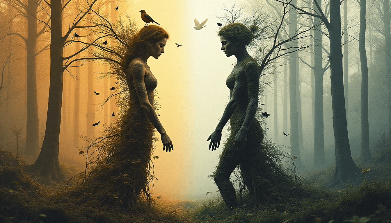 Fantasy Woman Merging into a Dying Forest