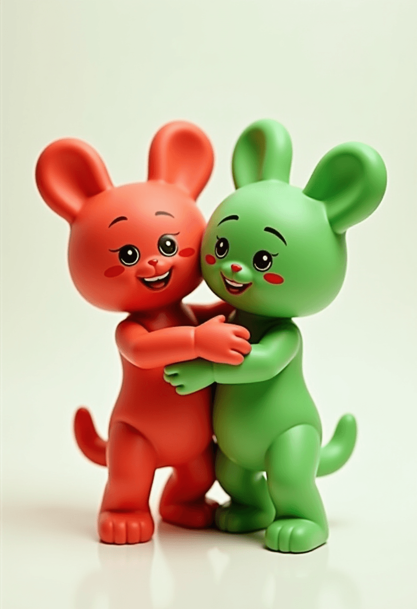 Red and green toy pawns hugging