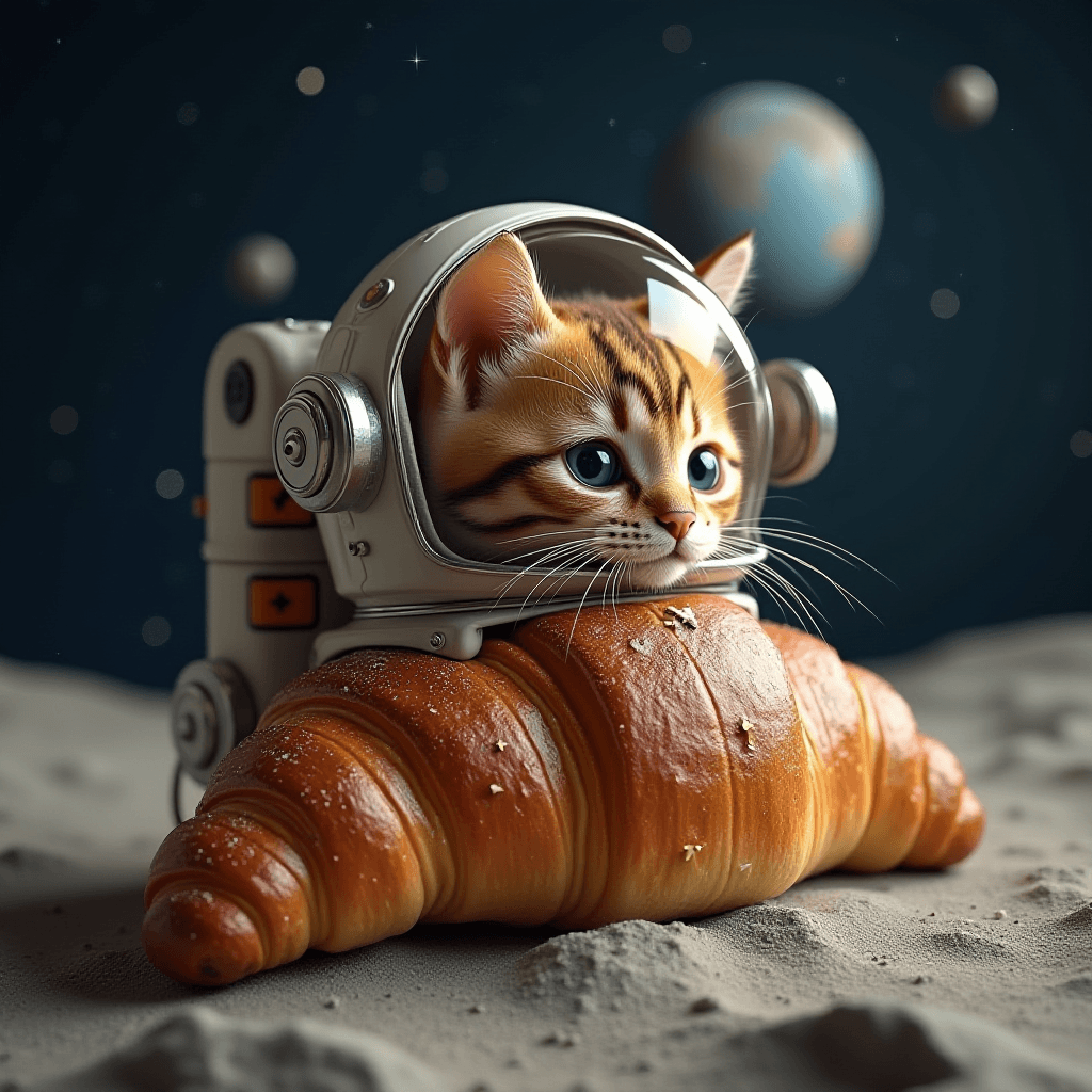 Croissant und Katze auf dem Mond