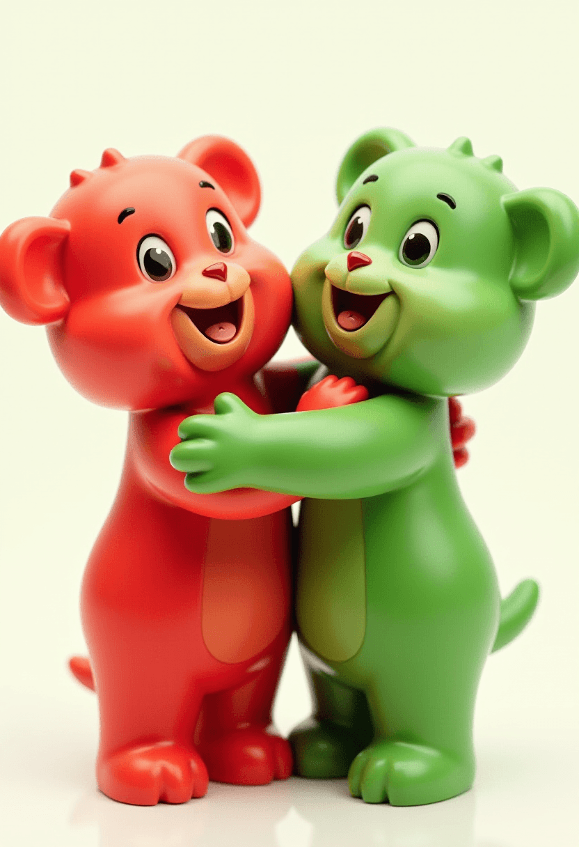 Friendly Toy Pawns Hugging on Transparent Background