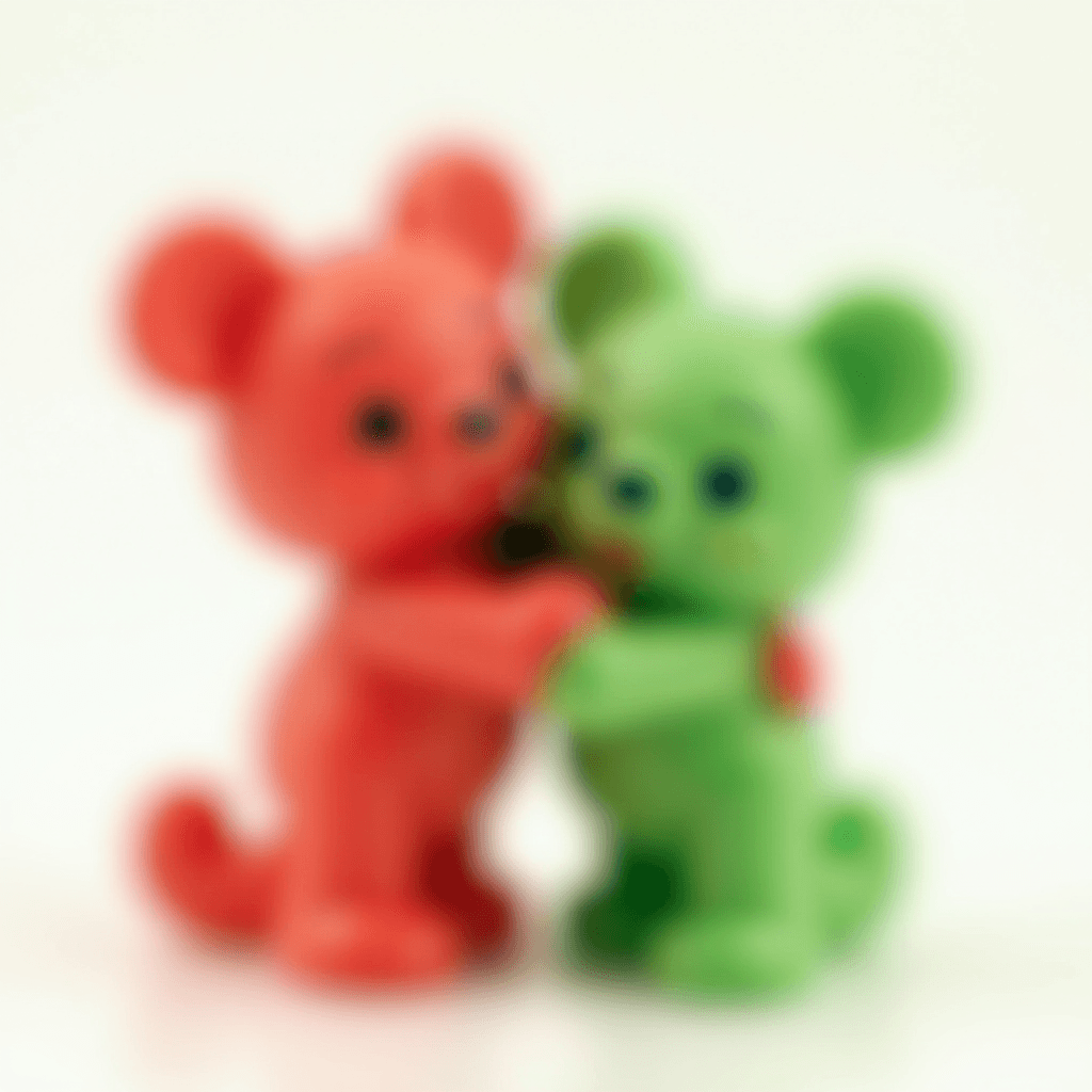 Red and green toy pawns hugging