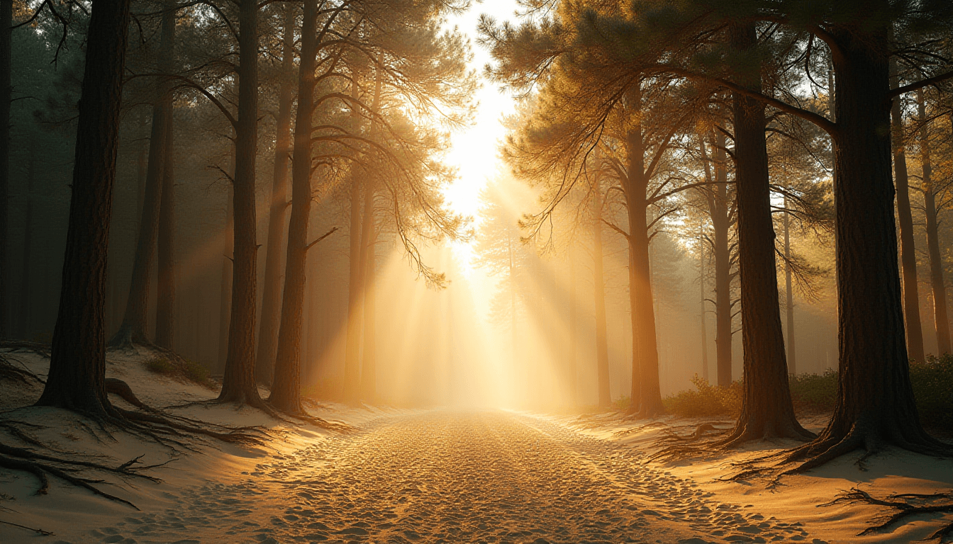 Peaceful Pine Forest Scene with Sandy Dunes