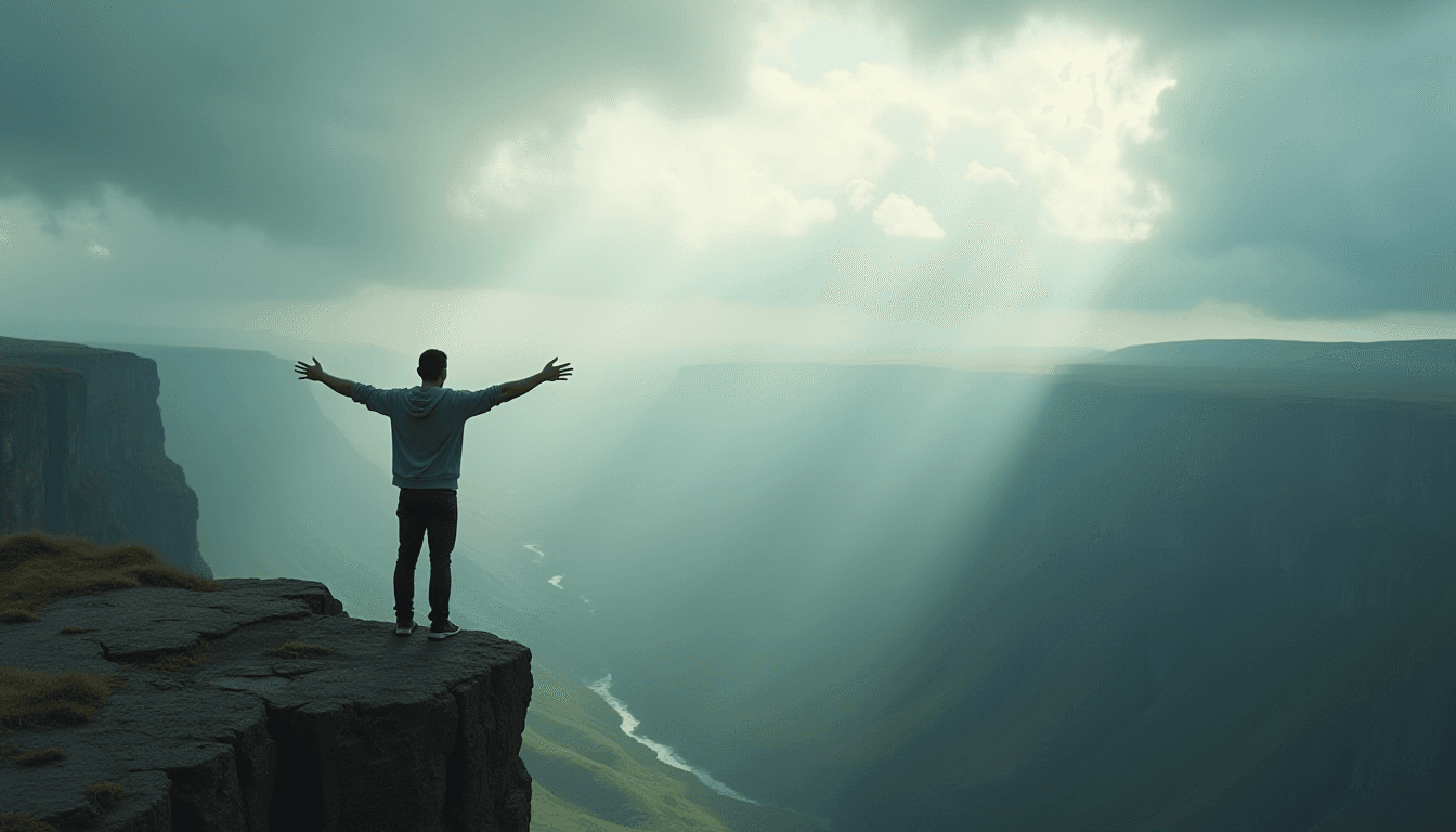 Person Standing at Cliff Edge Against Stormy Landscape