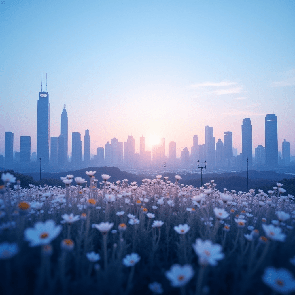 Urban Landscape with Field of Flowers and Modern City