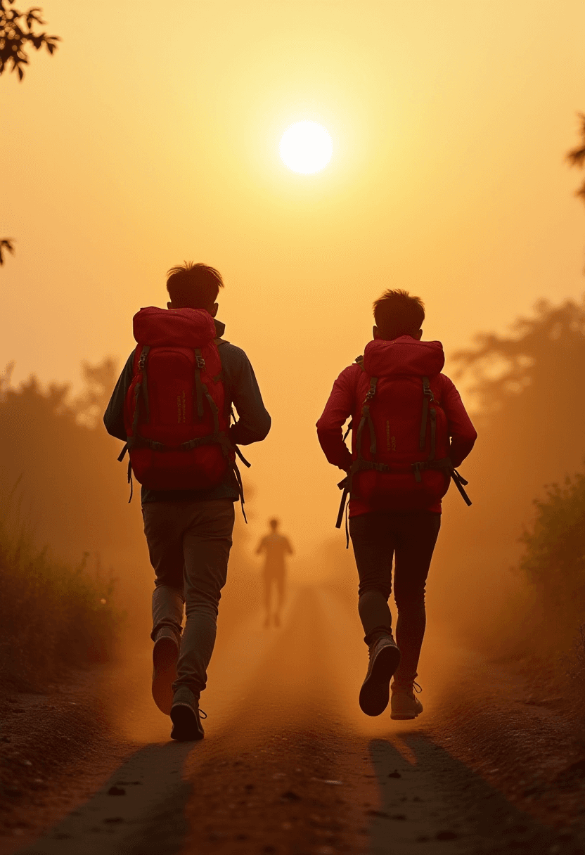 Hikers in Indian Rural Sunset Landscape