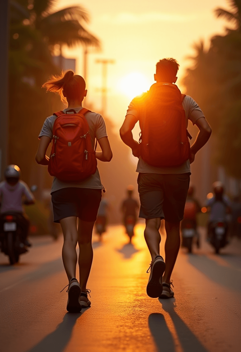 Adult Hikers Running in Busy East Asian Street