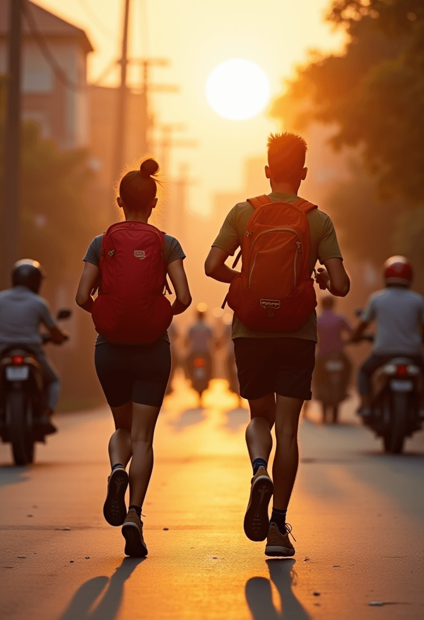 Couple Running in Rural East Asian Street