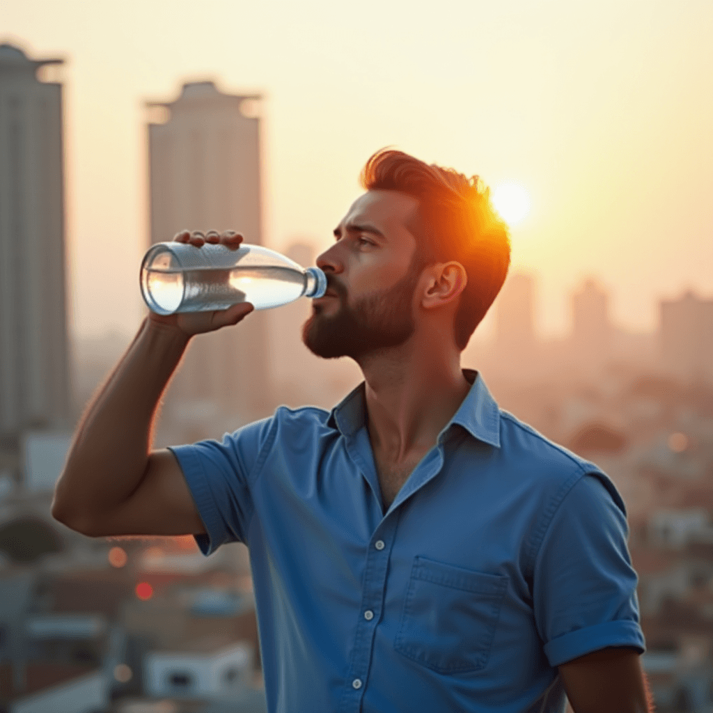 Man Drinking Water in City