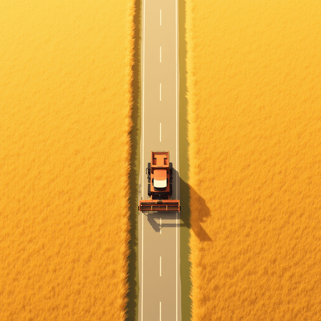 Wheat Harvester on Empty Road