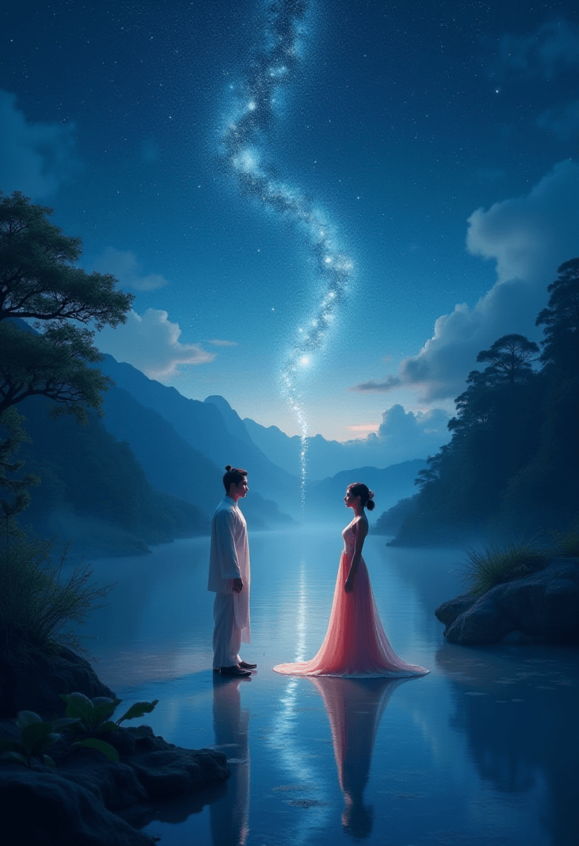 Traditional Chinese Couple Under Starry Night Sky