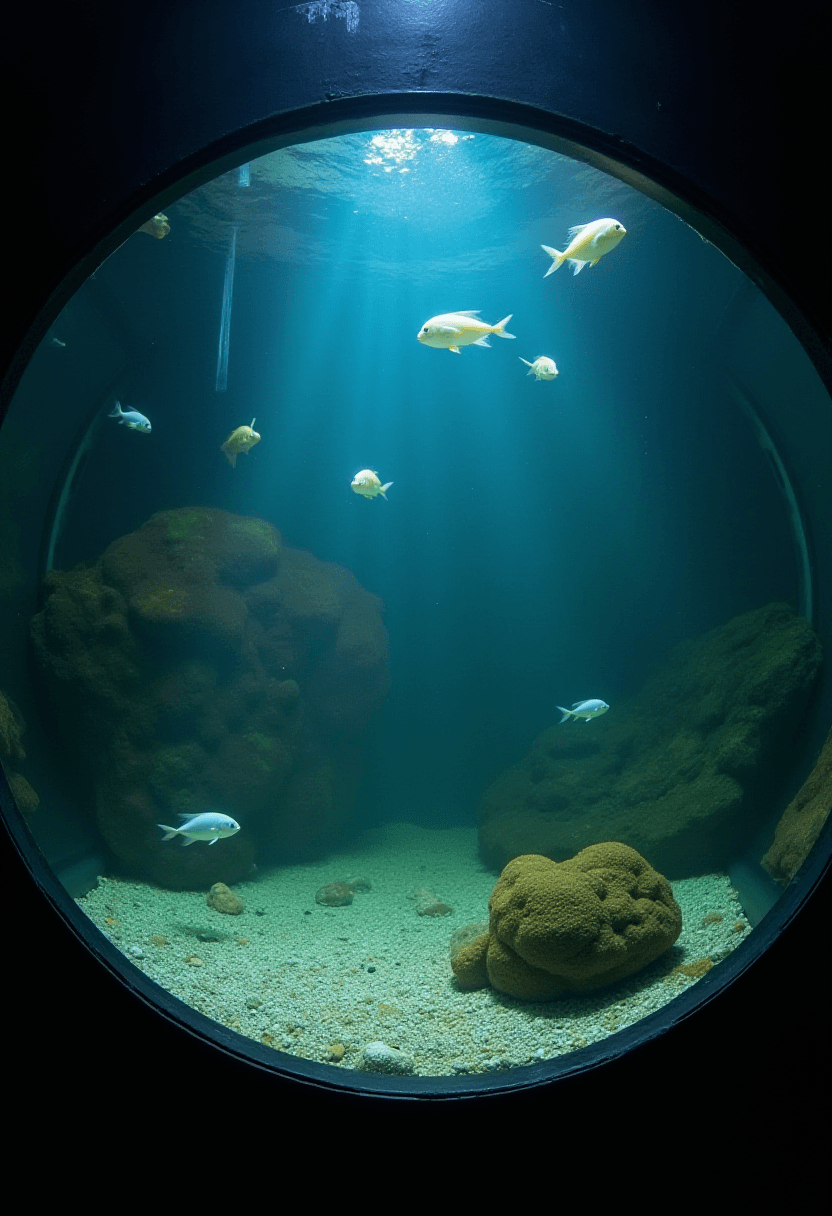 Rundes Aquarium ohne Fische aus der Froschperspektive