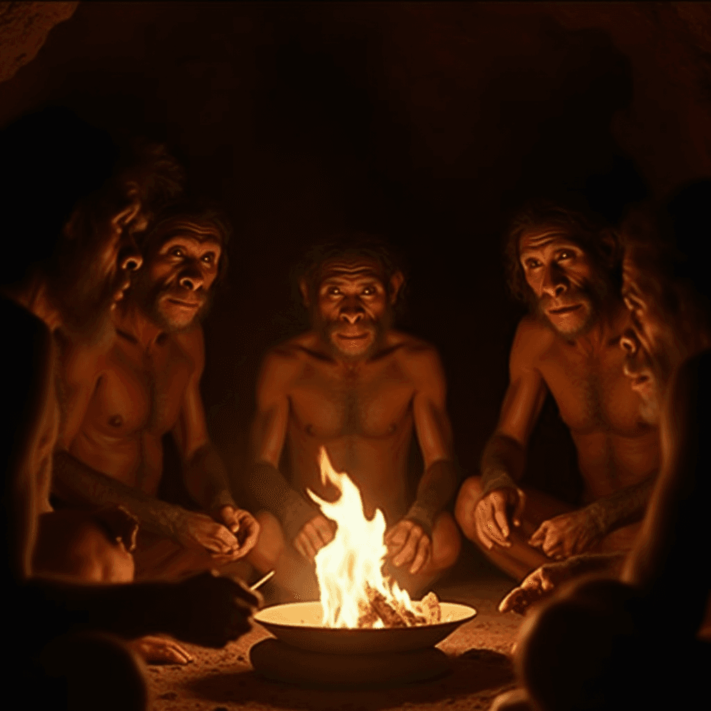 Primitive Homo Erectus Gather Around Campfire