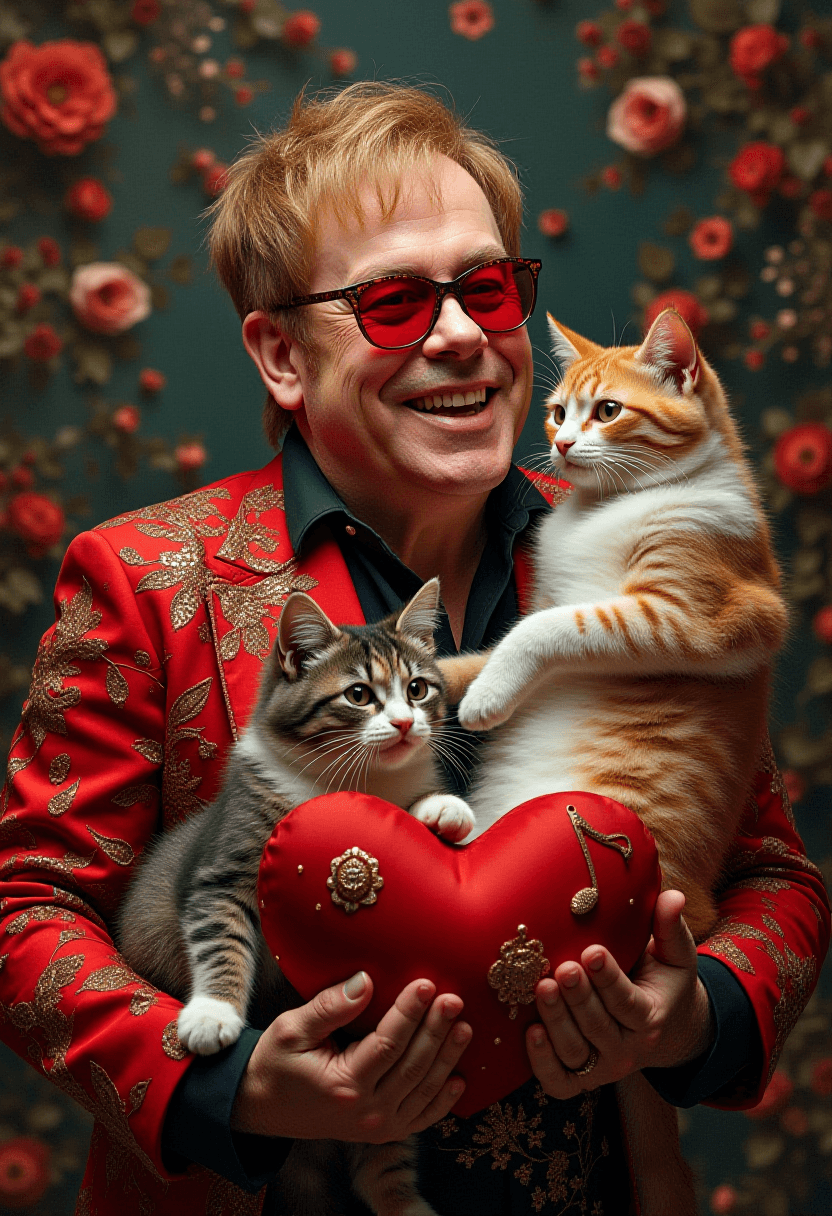 Elton John with Cats in Vibrant Costumes