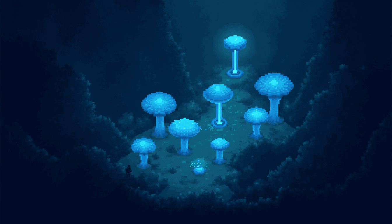 Blue Glowing Mushroom Fields in a Mysterious Forest