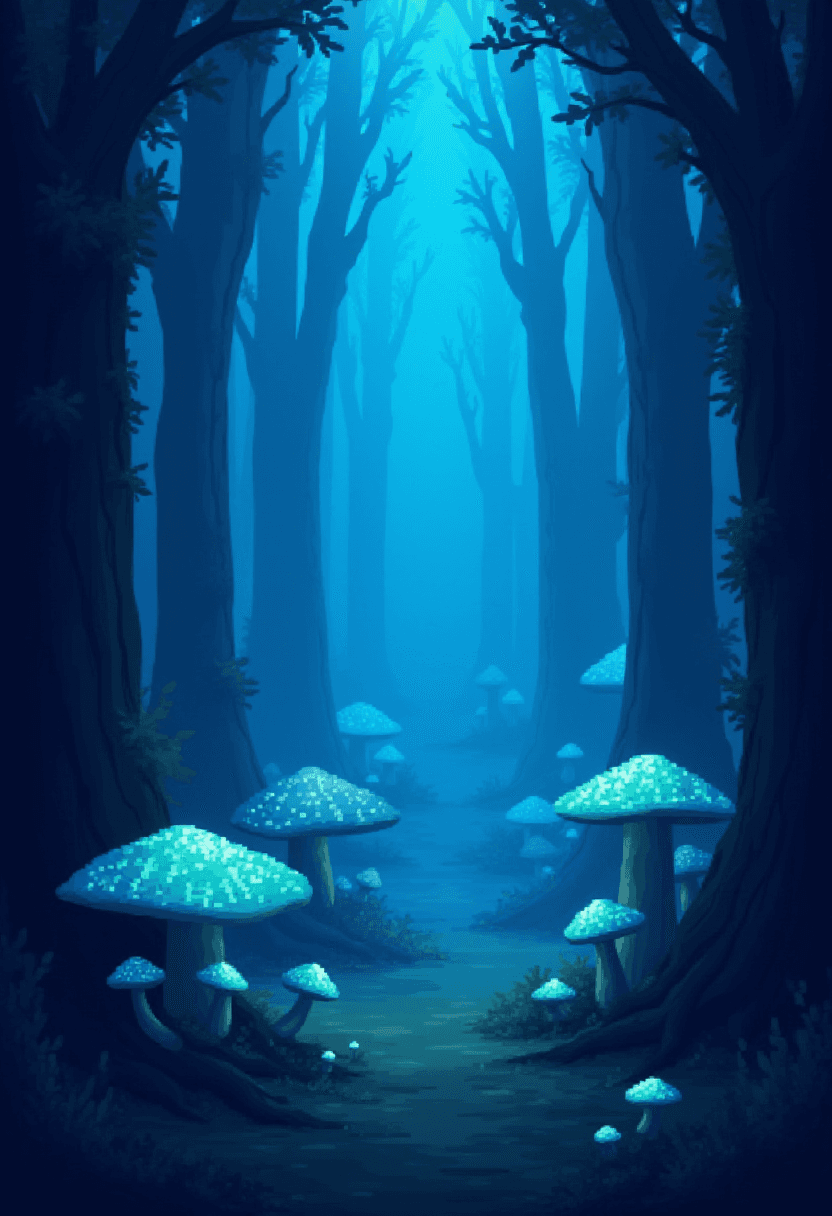 3D Game-Style Pixel Art of Glowing Mushroom Fields