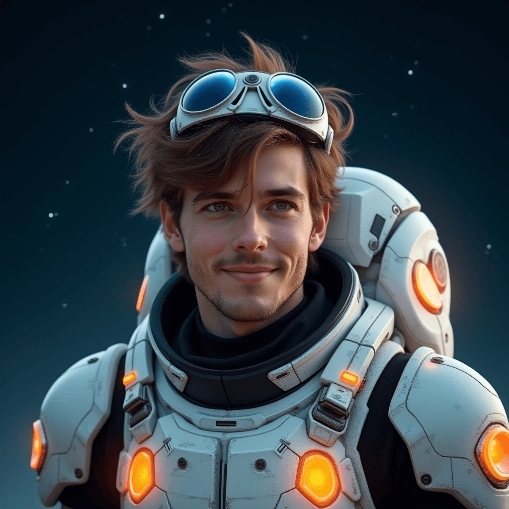 Early 20s Man in Space Suit with Orange Eyes