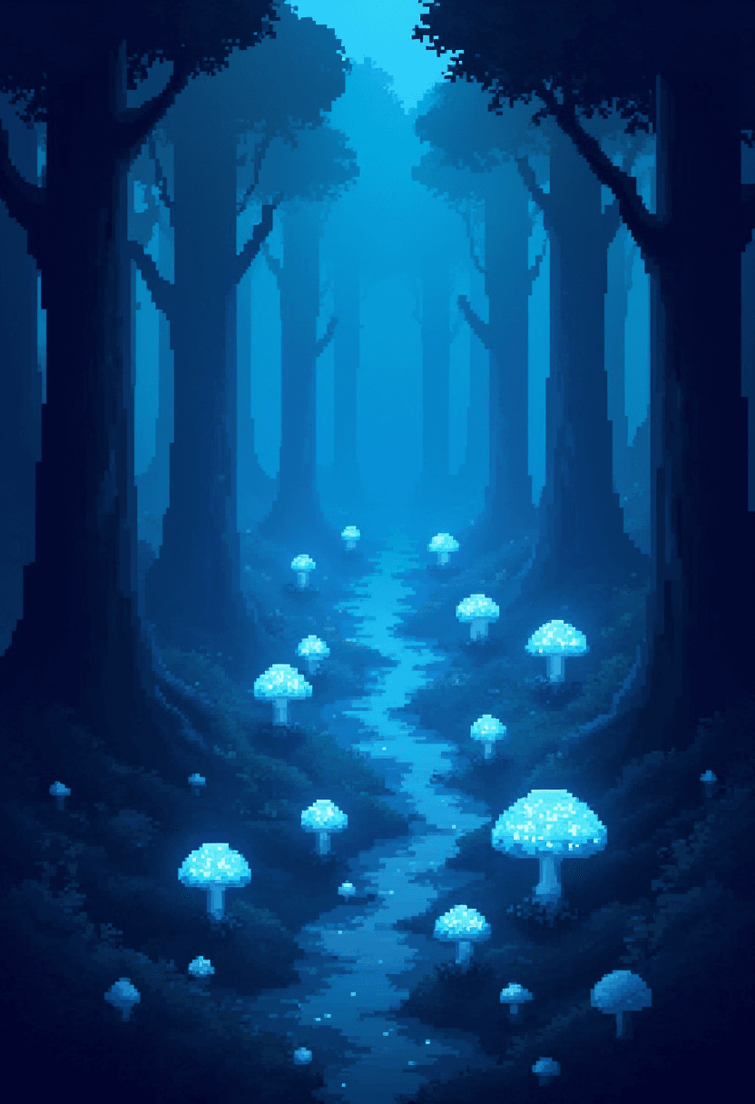 Glowing Blue Mushroom Fields in Mysterious Forest