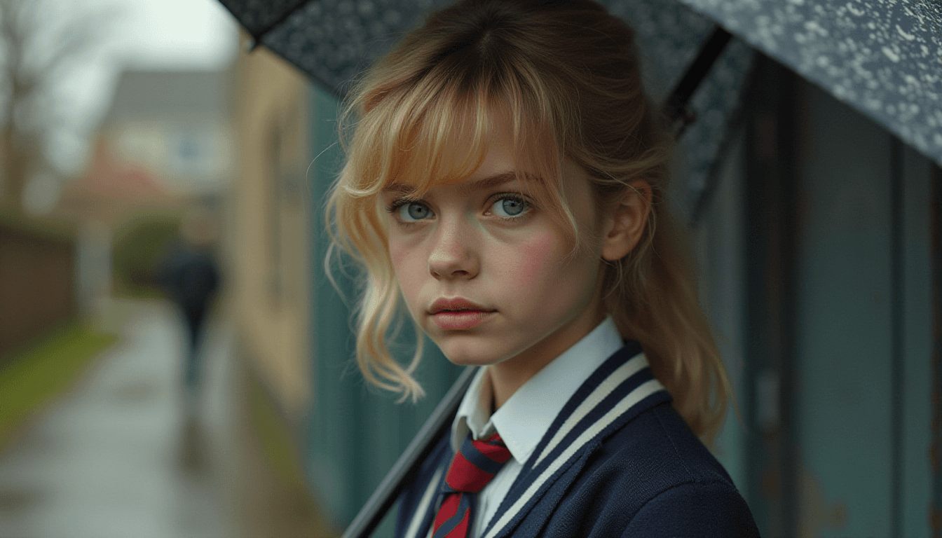 Imogen Poots in School Uniform with Umbrella