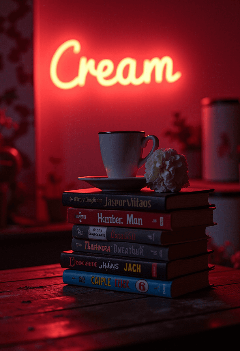 Neon Sign over Retro Book and VHS Horror Movie Stack