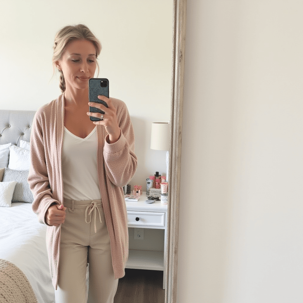 Woman Taking Mirror Selfie in Cozy Modern Bedroom