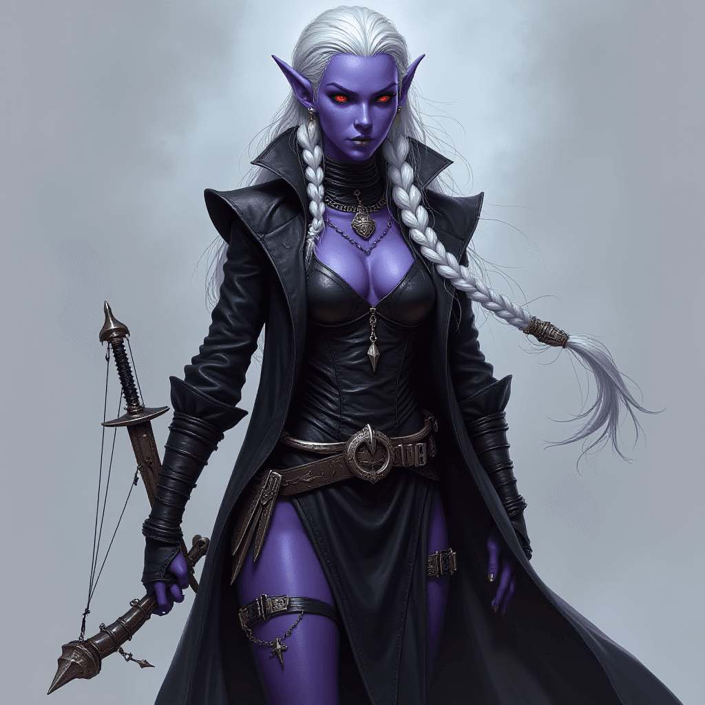 Dark Drow Assassin Elf with Braided Hair and Crossbow