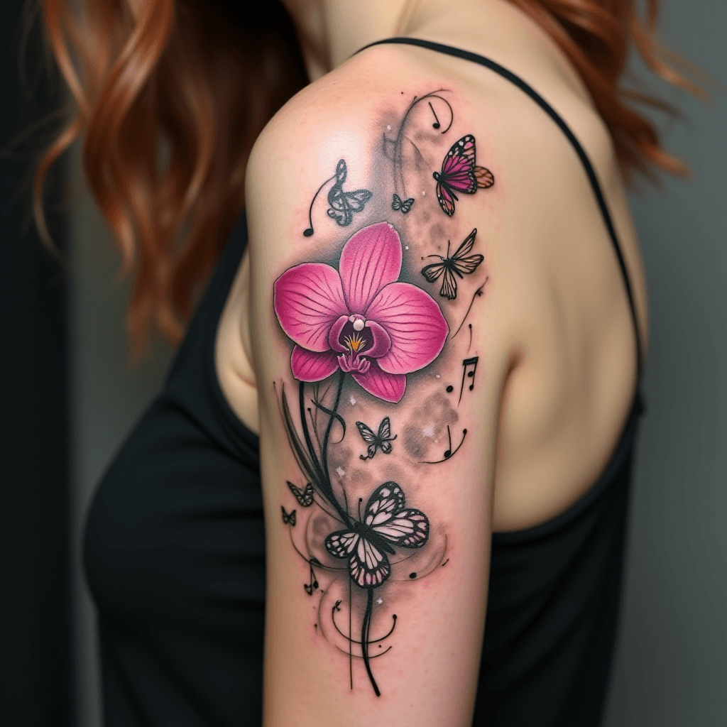 Abstract Music-Themed Tattoo on Female Upper Arm