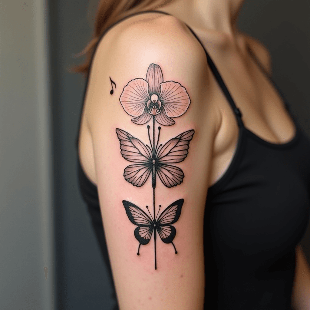 Music Notes Orchid Butterfly Tattoo