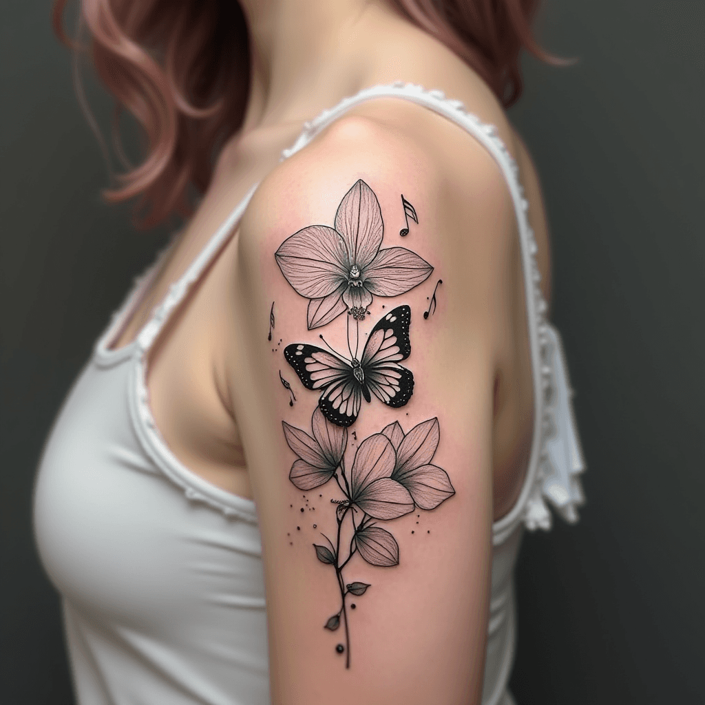 Female Upper Arm Tattoo in Minimalist Lineart Style