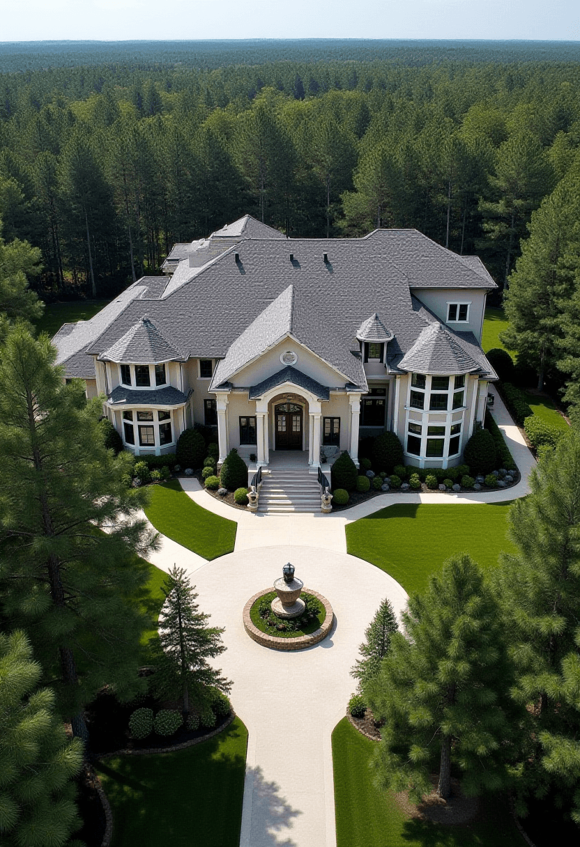 Aerial View of Modern Mansion Inside Pine Tree Estate