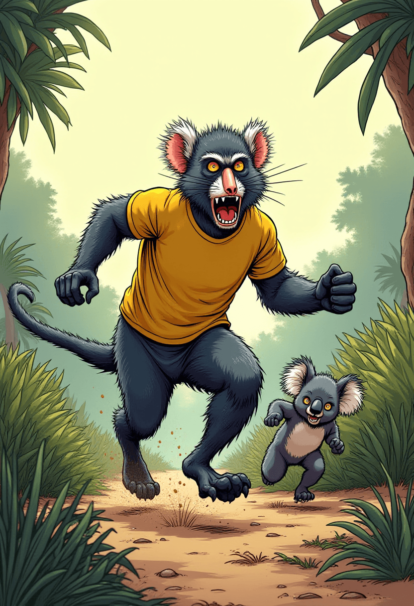 Angry Mandrill Chasing Koala in Marvel Style