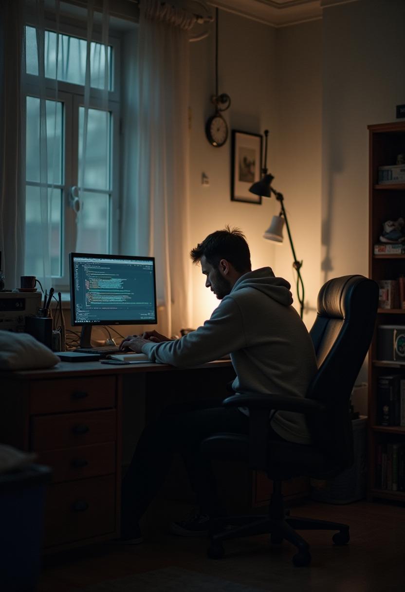 Man in a Messy Room with Computer