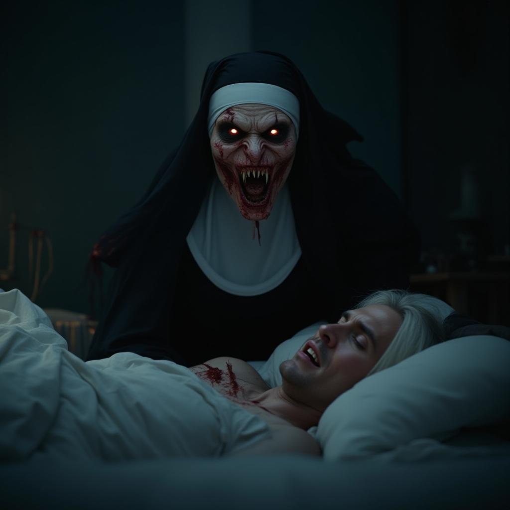 Sleeping Man Under Attack by Demonic Nun