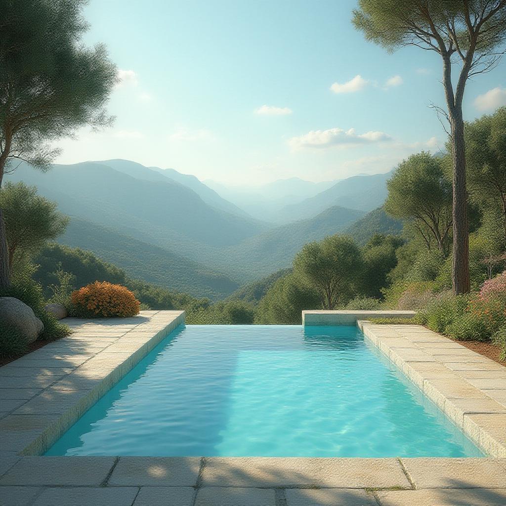 Low Angle Retro Pool Scene in Greek Landscape