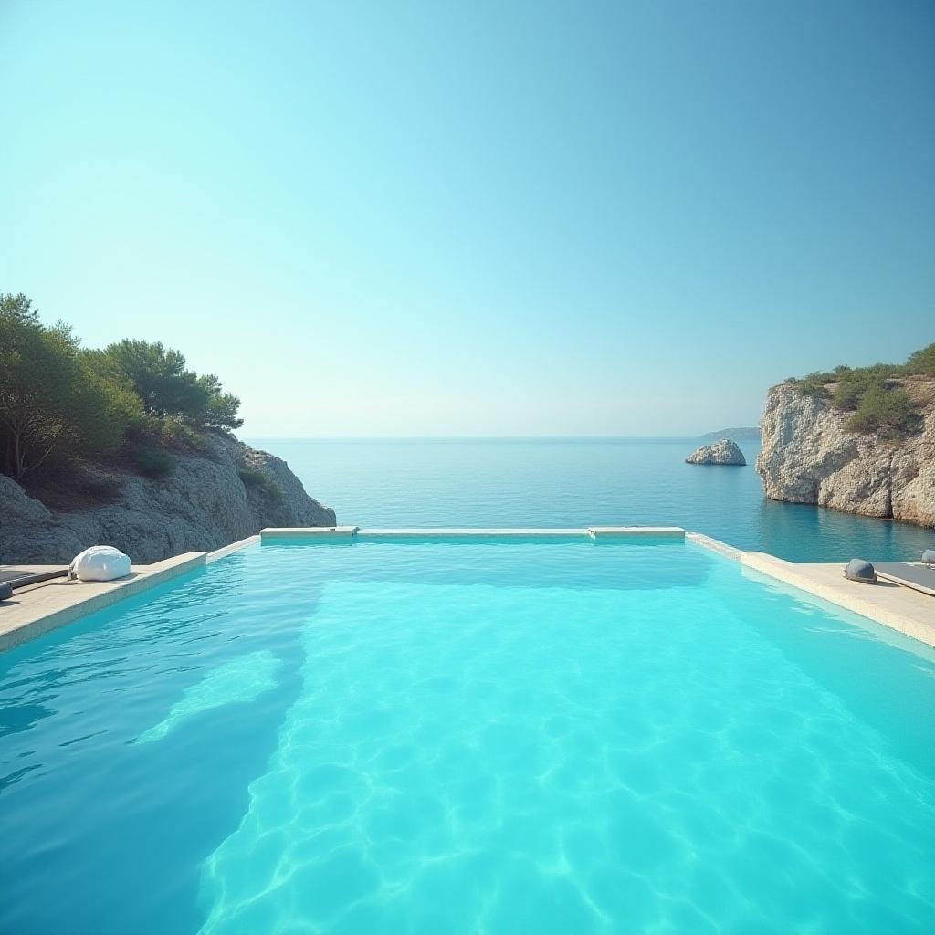 Retro Pool Scene with Mediterranean Sea View