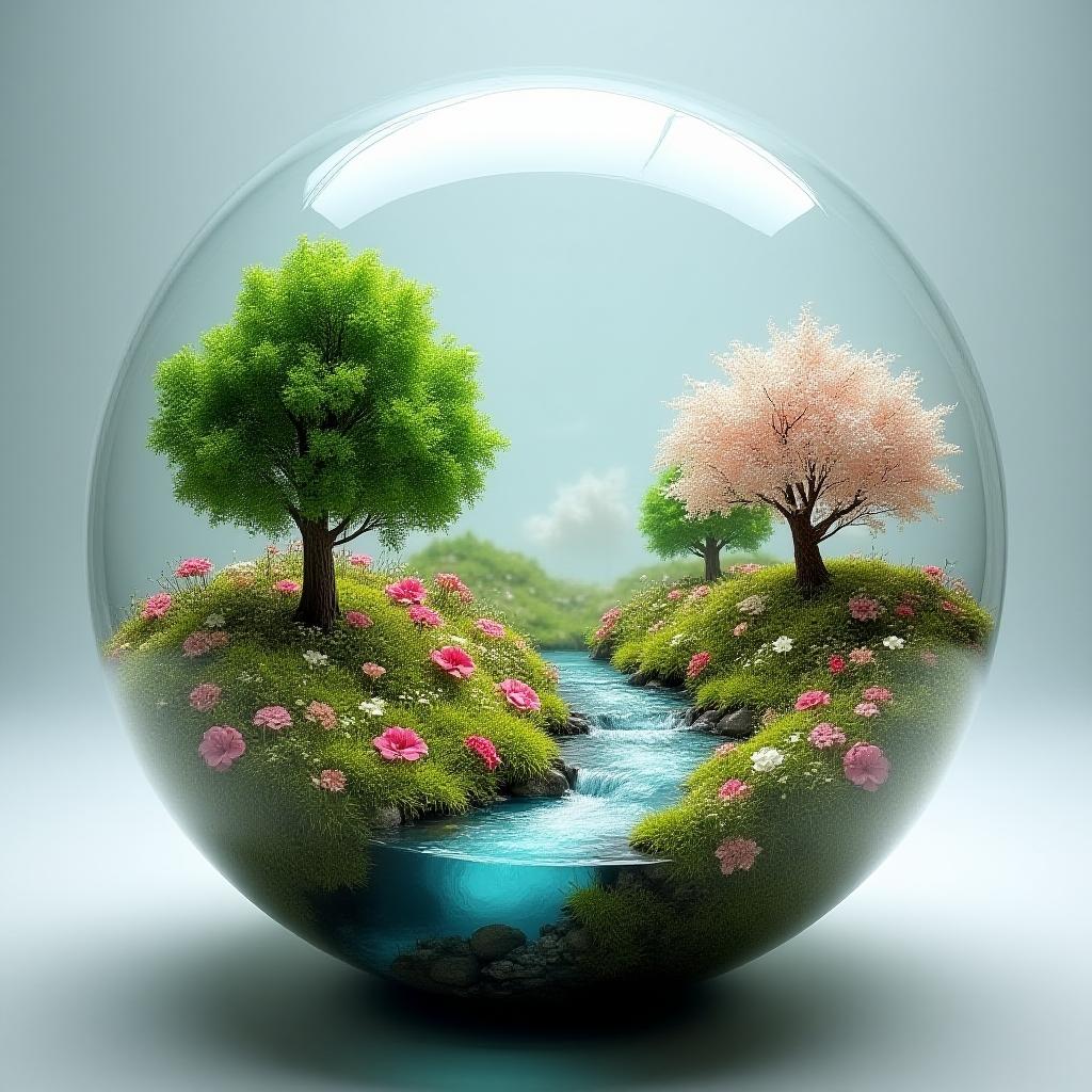 Crystal Ball Landscape with Artificial Flowers