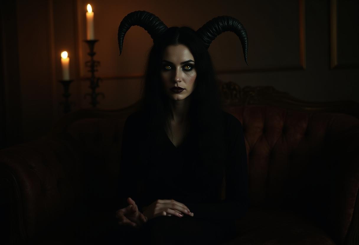 Haunted Black Haired Woman in Candlelight