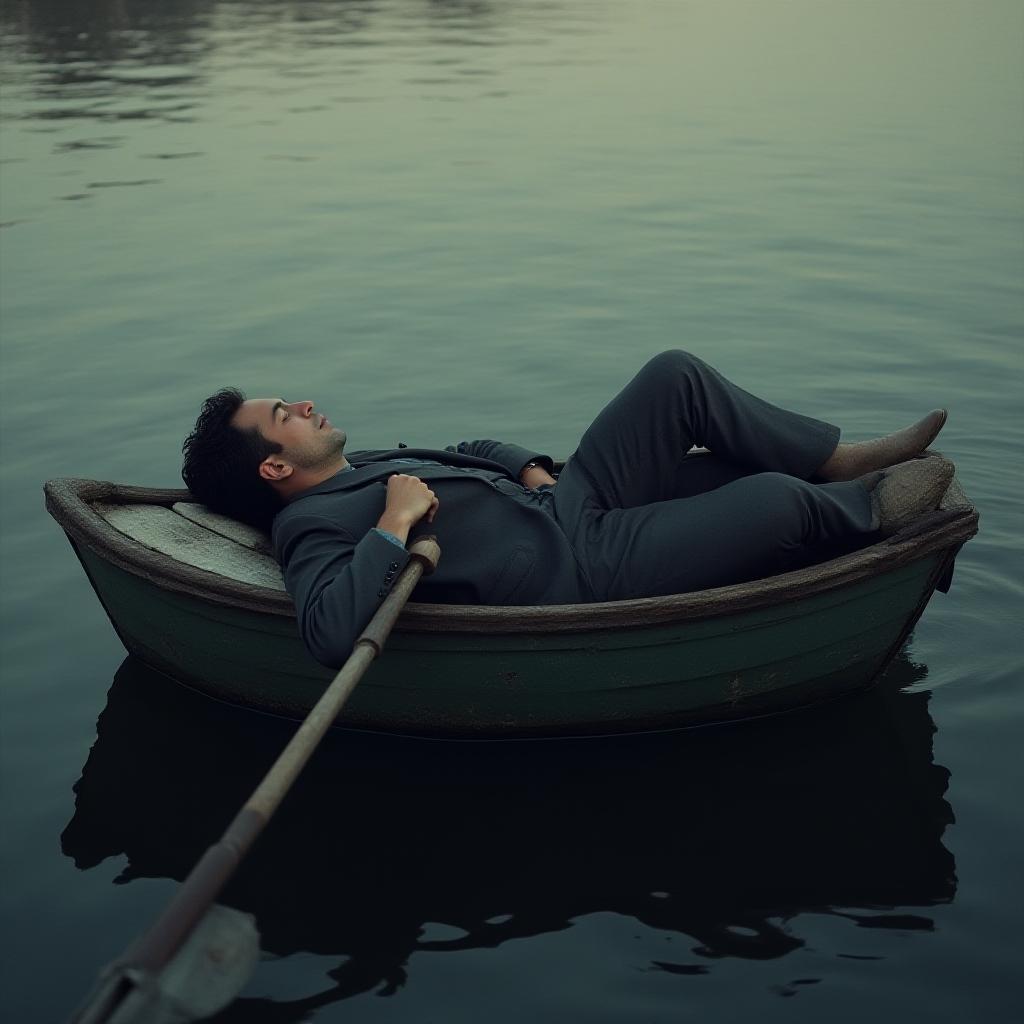 Sleeping Man in Suit in Rowing Boat